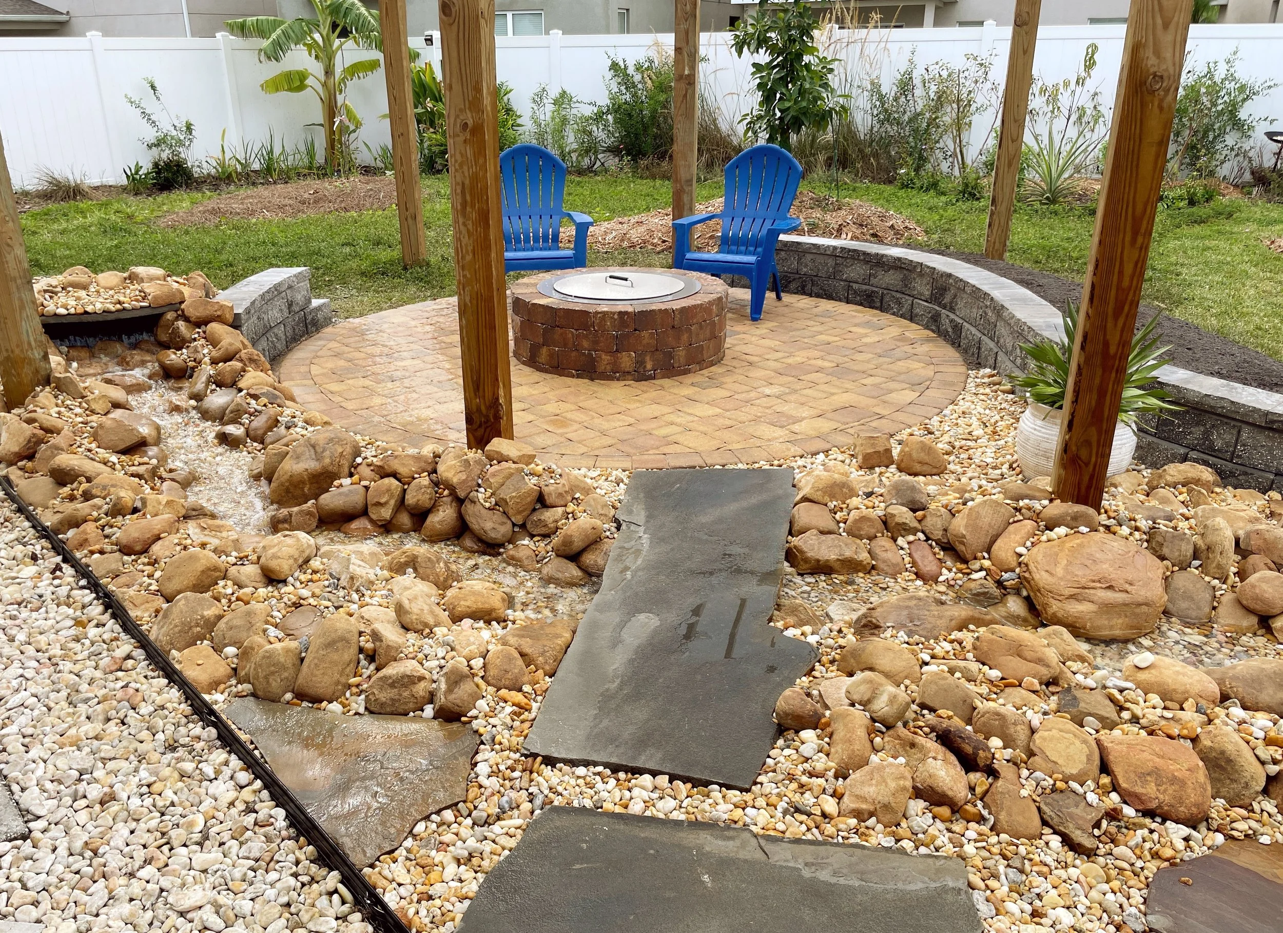 Hardscape backyard water feature stream