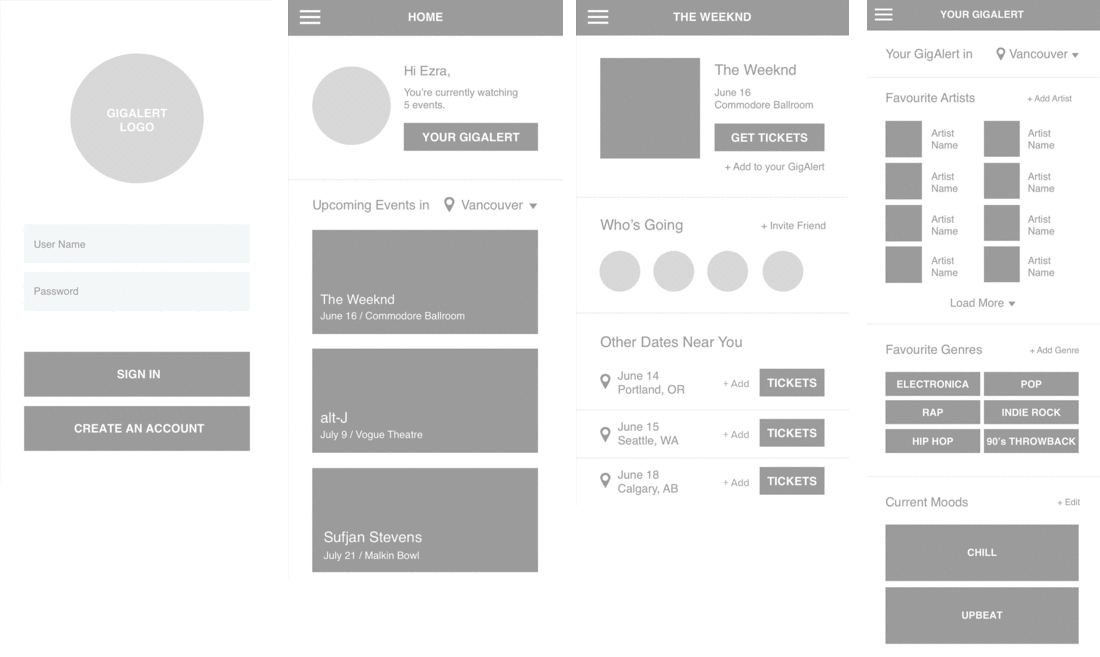 Medium Fidelity wireframes provided to me and the final high fidelity wireframes I created.