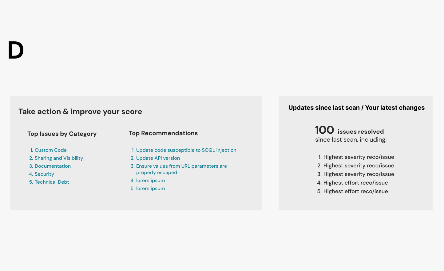  This lo-fidelity mockup is almost the final design iteration, it is much simpler than the other options before and is simply a list of top recommendations and issues, that are clickable links to the more detailed Recommendations dashboard. 