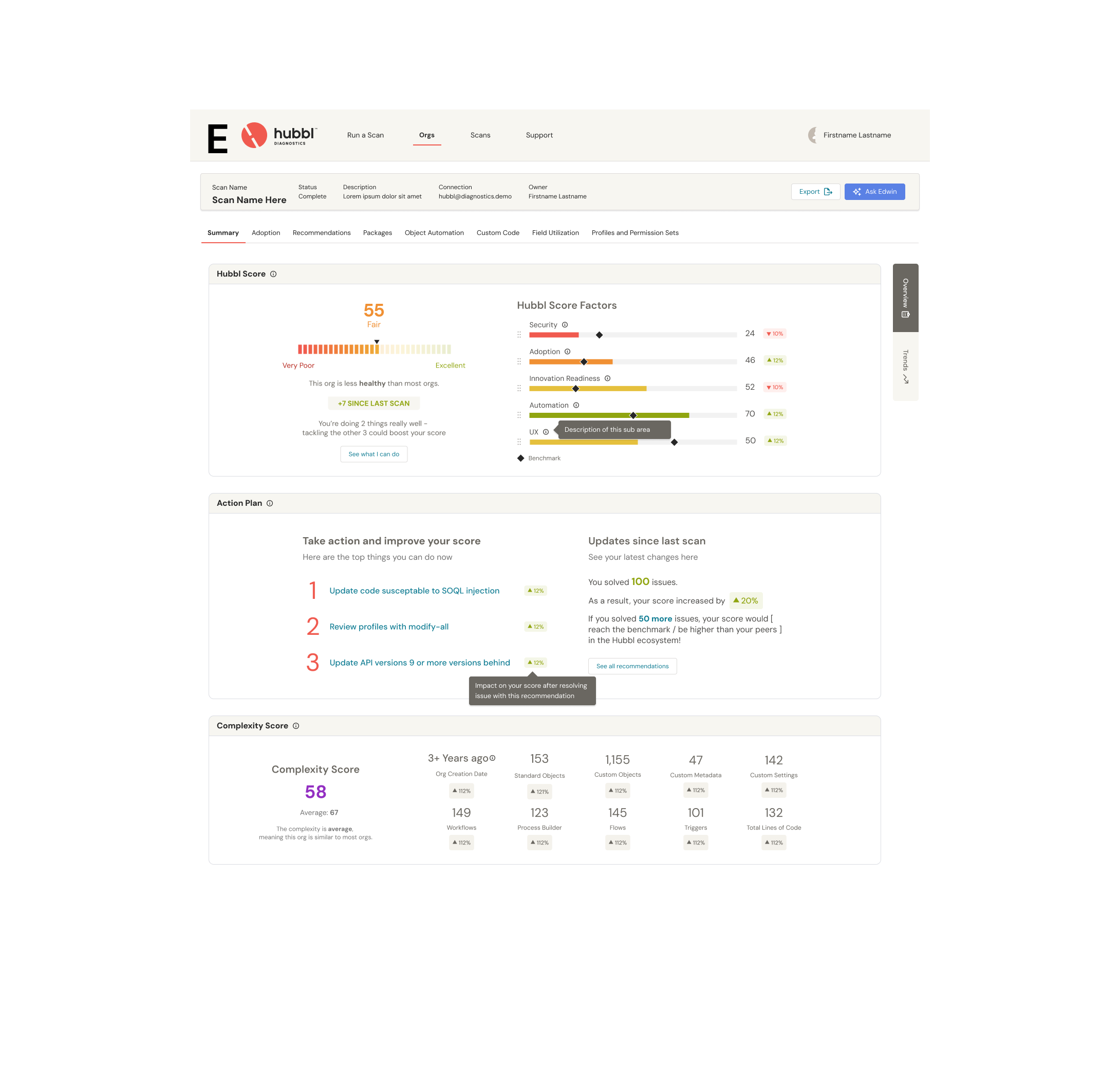  This was close to our final design after simplifying the recommendation and action plan section and connecting the score factors with the score itself. 