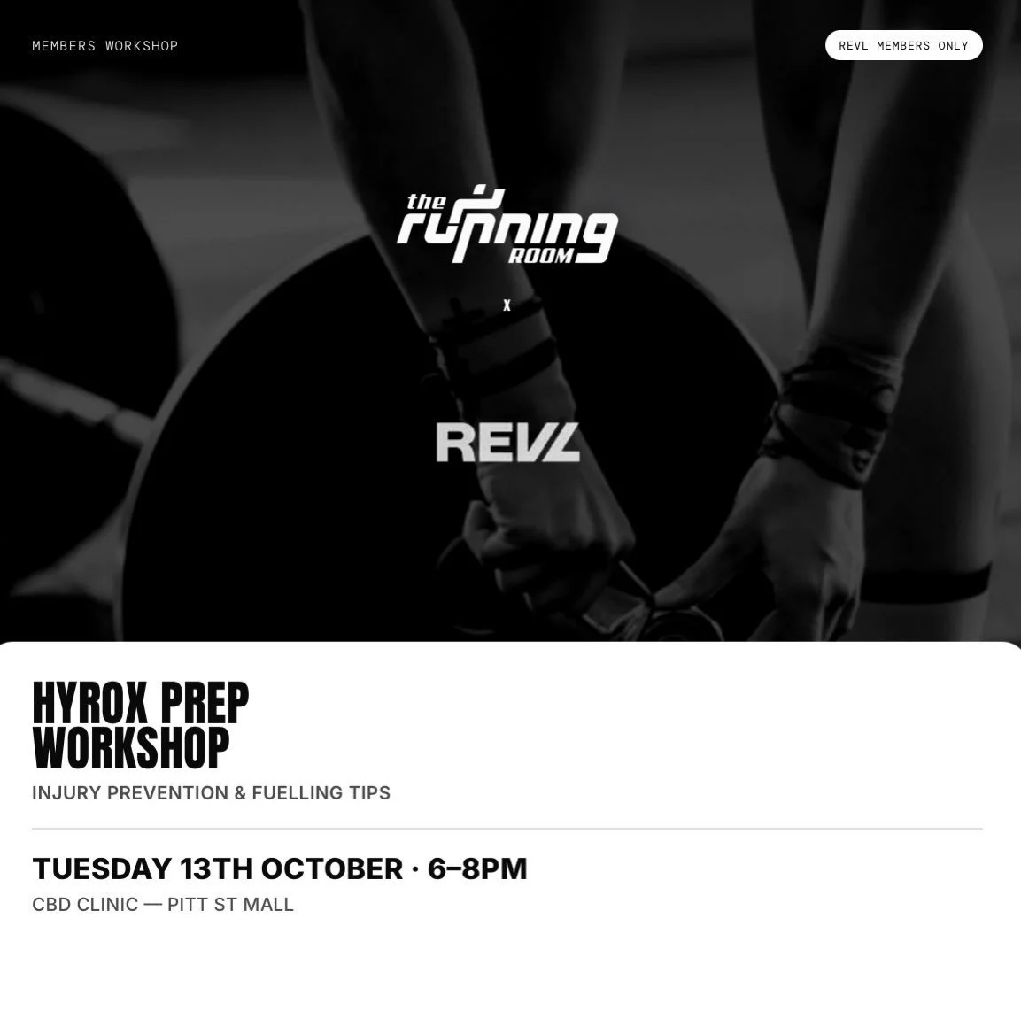 Hyrox Prep Workshop 🏋️&zwj;♀️

Training for Melbourne Hyrox? Join us for a free evening starting with a social 4-5km run and an informative workshop covering everything you need to know about injury prevention and fuelling - so you show up on race d
