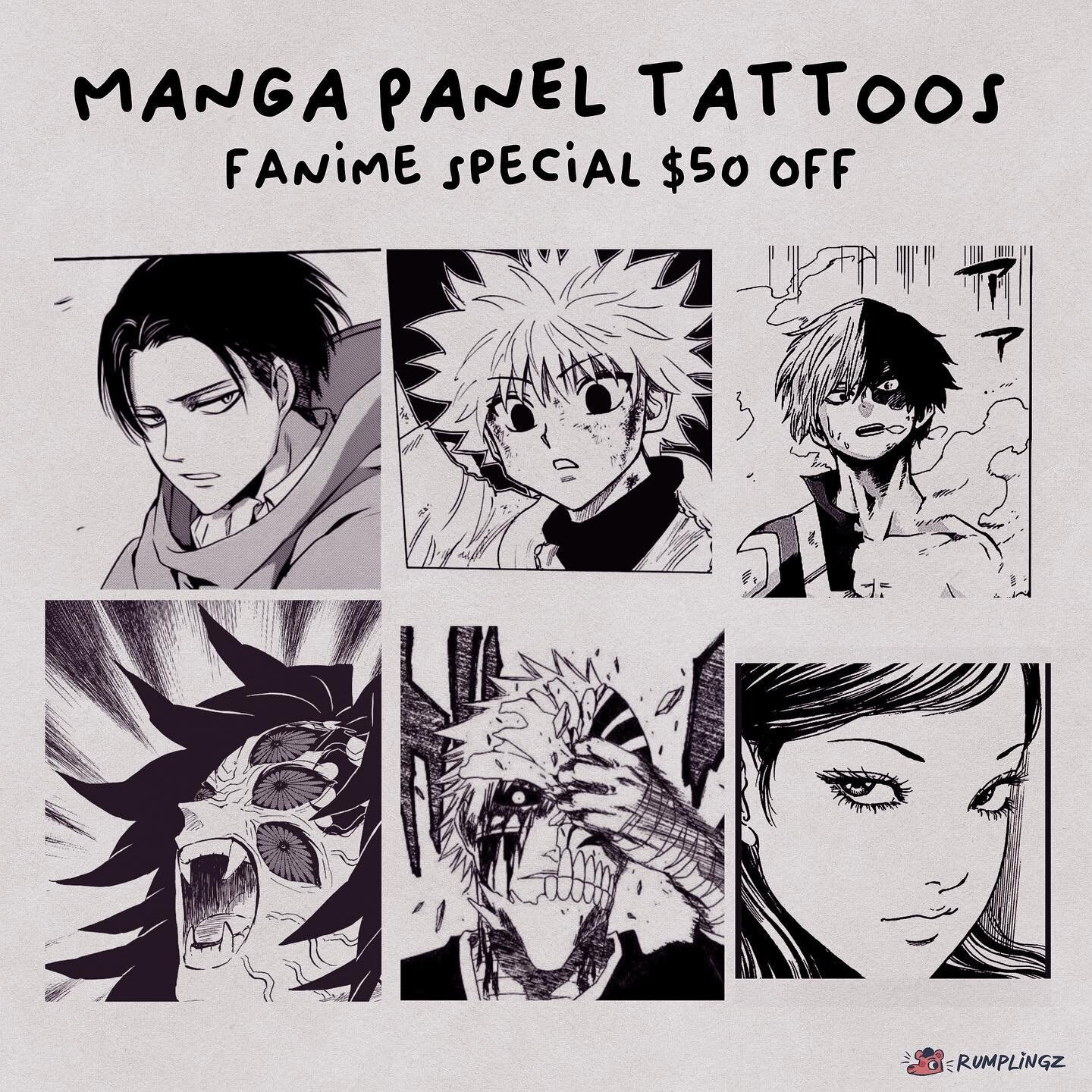 ✨Fanimecon Special✨
5/22 - 5/31 
💗 DM to book!! 💗
Any manga/anime panel $50 off! Feel free to bring your own manga panel! 
.
.
.
.
.
.
.
#fanimecon #fanime2023 #animetattoos #animetattooartist #attackontitantattoo #hunterxhuntertattoo #bleachtattoo