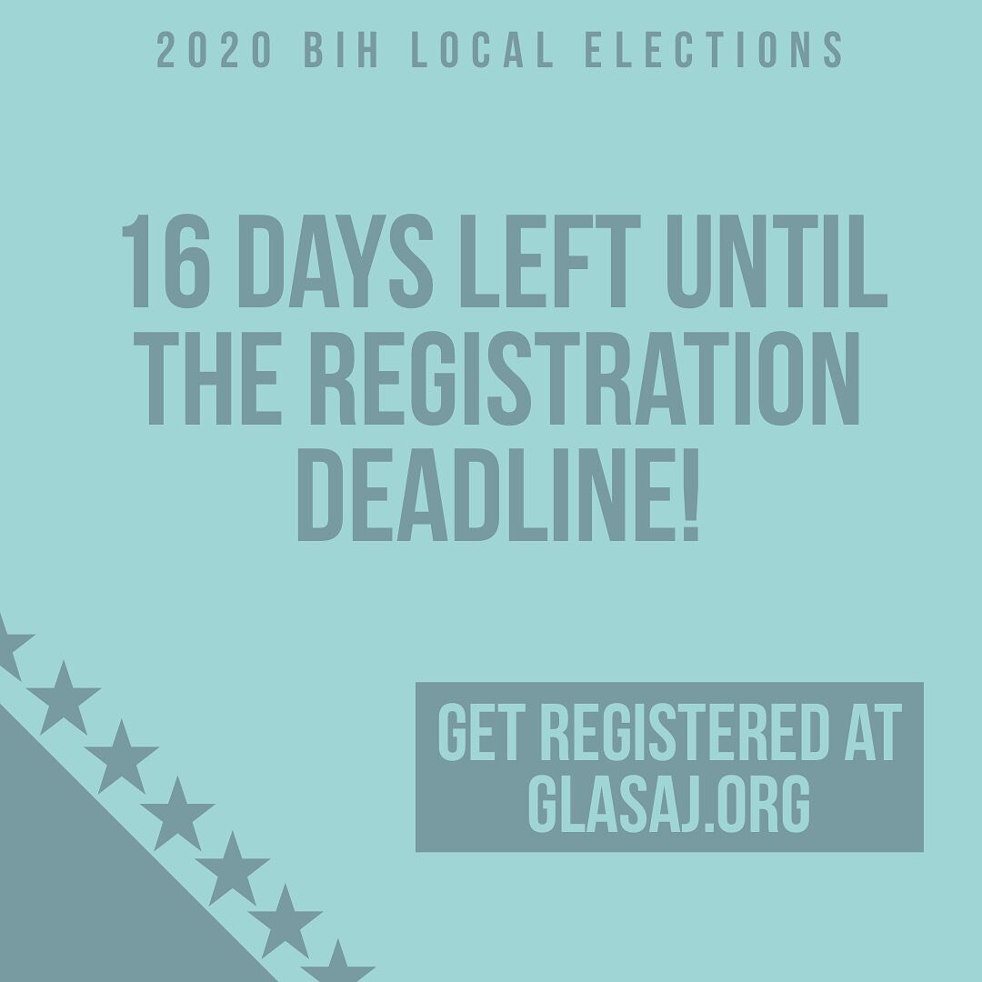 Registration deadline is on September 1st!
Get registered for the BiH Local Elections today 🇧🇦

glasaj.org/register

#glasaj2020 #glasajbih #glasajbih2020