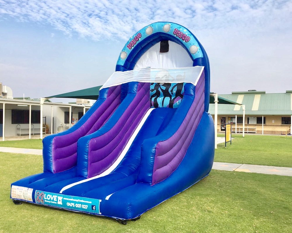 Blue Disco bouncy castle super slide hire 3
