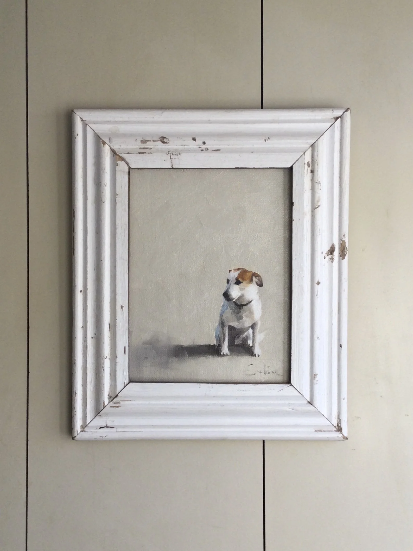 Framed Original Oil Painting - Wet Terrier on a Beach