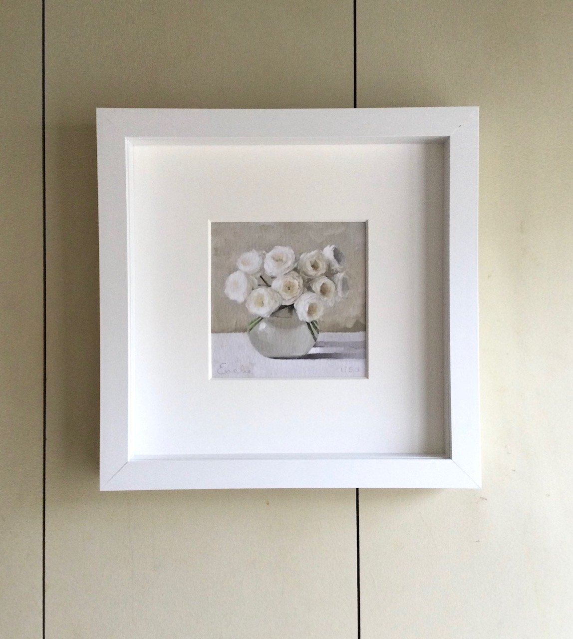 Framed Limited Edition Print - White Roses in a Round Glass Vase