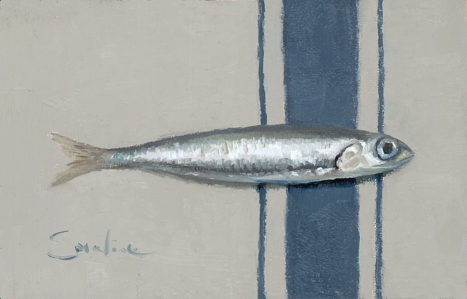 Greetings Cards -Anchovy on a Blue Striped Linen Tea Towel