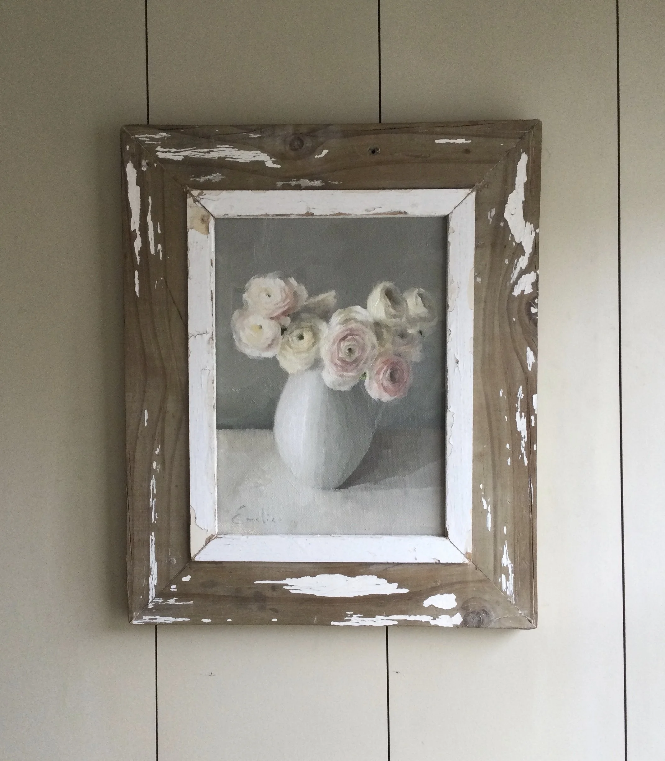 Framed Original Oil Painting - Pink Ranunculus in the Studio
