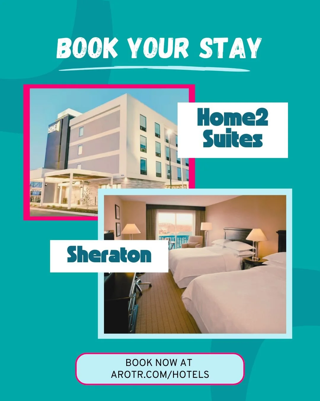 Both Comfort Inn and TownePlace Suites are sold out.

Now both The Sheraton and Home2 Suites are ready to book your stay for Abbey Road on the River 2026! Learn more about both hotels and book at the links below.

Click here to book either hotel:
www