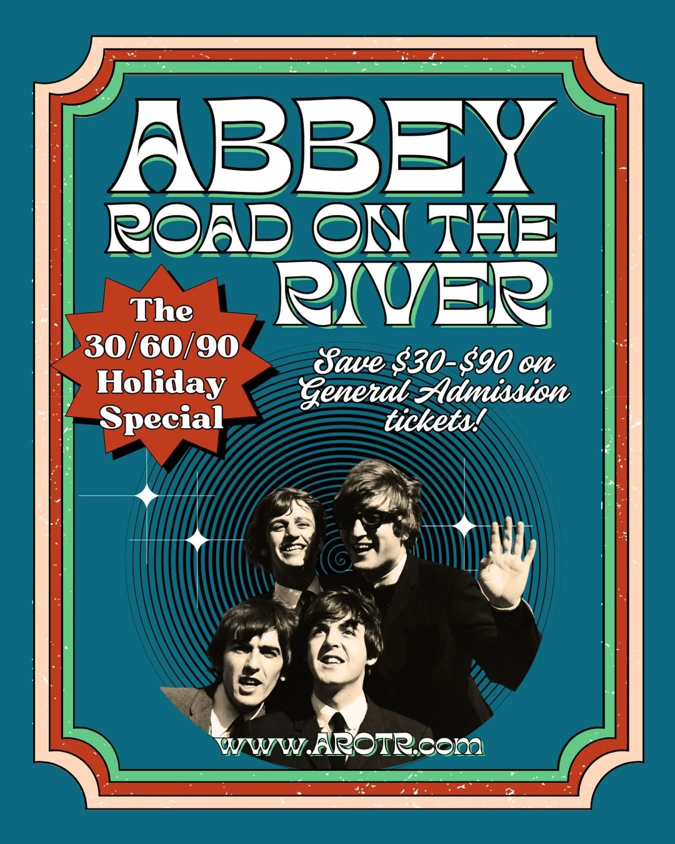 ⭐️The 30/60/90 Holiday Special is our newest limited-time offer on General Admission tickets to Abbey Road on the River &mdash; three easy ways to save during the holiday season.
&nbsp;
Here&rsquo;s how it works:
&nbsp; &bull; &nbsp; &nbsp;Save $30 o