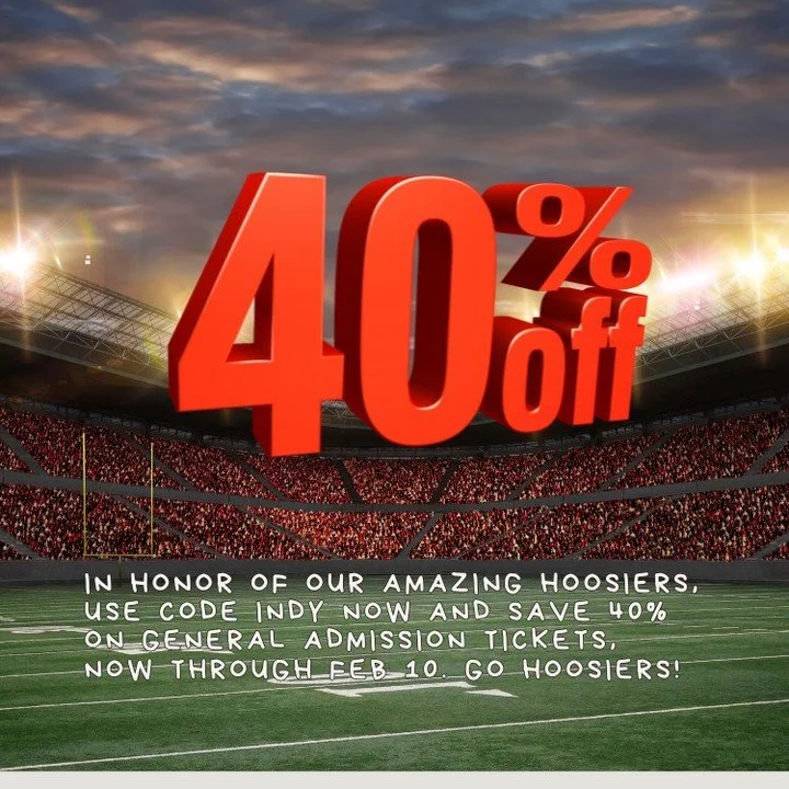 Go Hoosiers! 🏈 In honor of our amazing Hoosiers, use code Indy now and save 40% on general admission tickets, now through Feb 10. 

Use code INDY at arotr.com/tickets

🏈 Go Hoosiers!