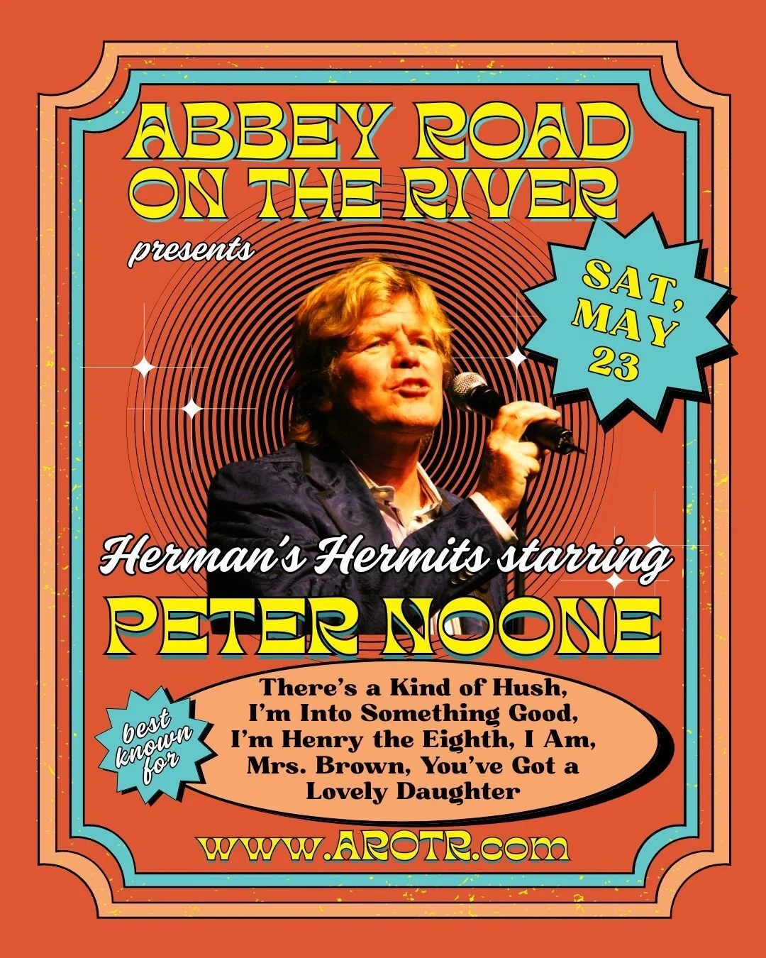 Don't miss Herman's Hermits starring Peter Noone on Saturday, May 23 at #AROTR Beatles festival! 

Accompanied by his band, Herman&rsquo;s Hermits, Peter Noone consistently plays to sold-out venues the world over. He has a legion of faithful fans (kn