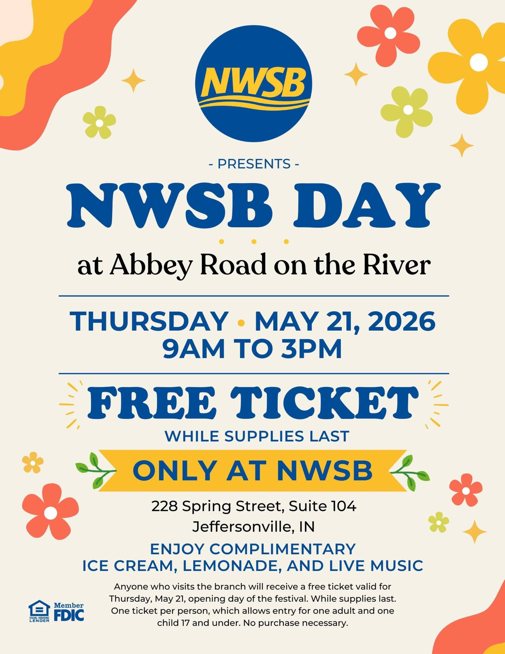 Opening Day of Abbey Road on the River has officially been declared &ldquo;NWSB Day&rdquo;. 

Anyone who visits the NWSB branch at 228 Spring Street, Suite 104 in Jeffersonville and will receive a free ticket valid for Thursday, May 21&mdash;opening 