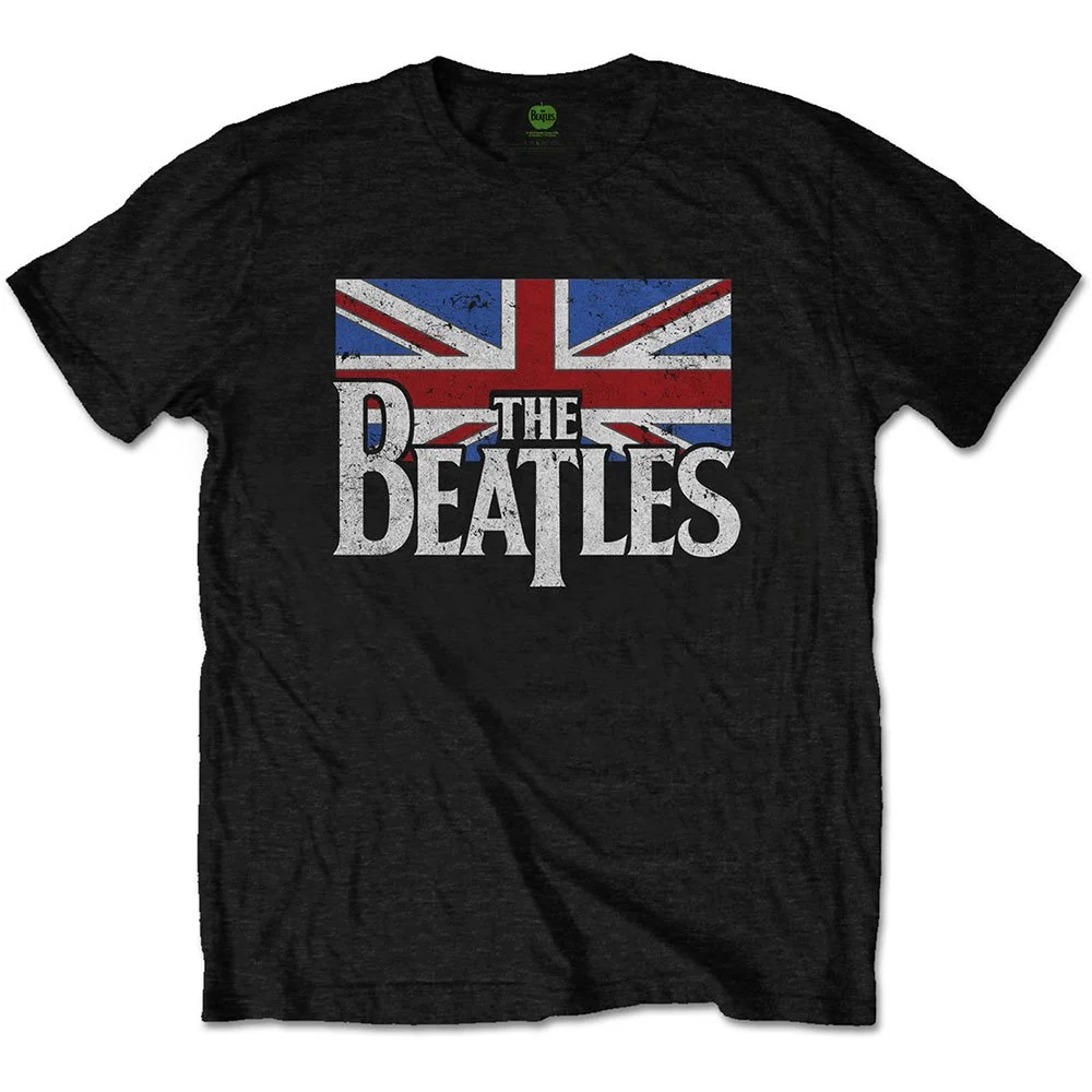 THE BEATLES UNISEX T-SHIRT: LOGO & VINTAGE FLAG