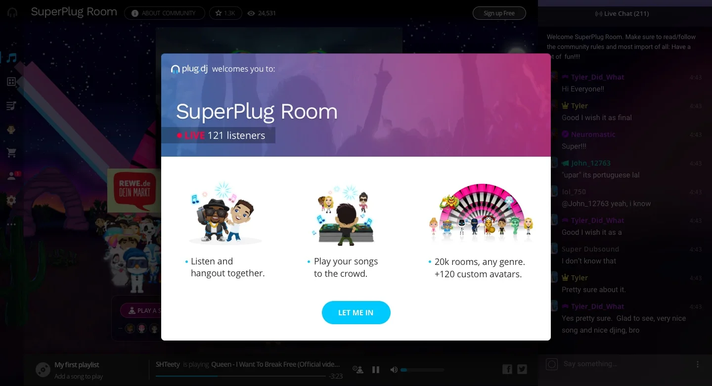 New version: A welcome popup appears, creatring context about what is plug.dj. When user clicks on "Let me in"...
