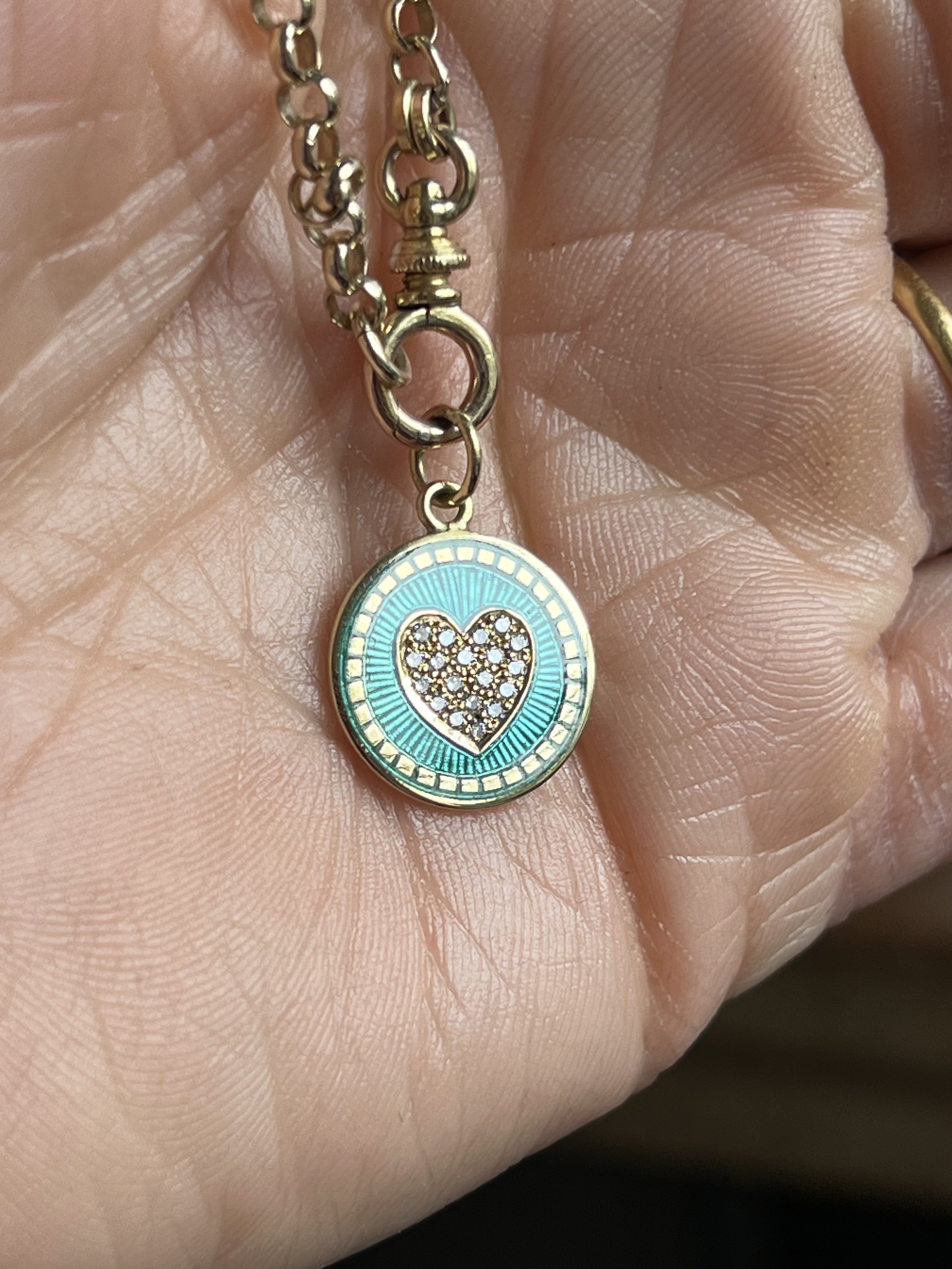 Sunburst heart enamel pendant with diamonds