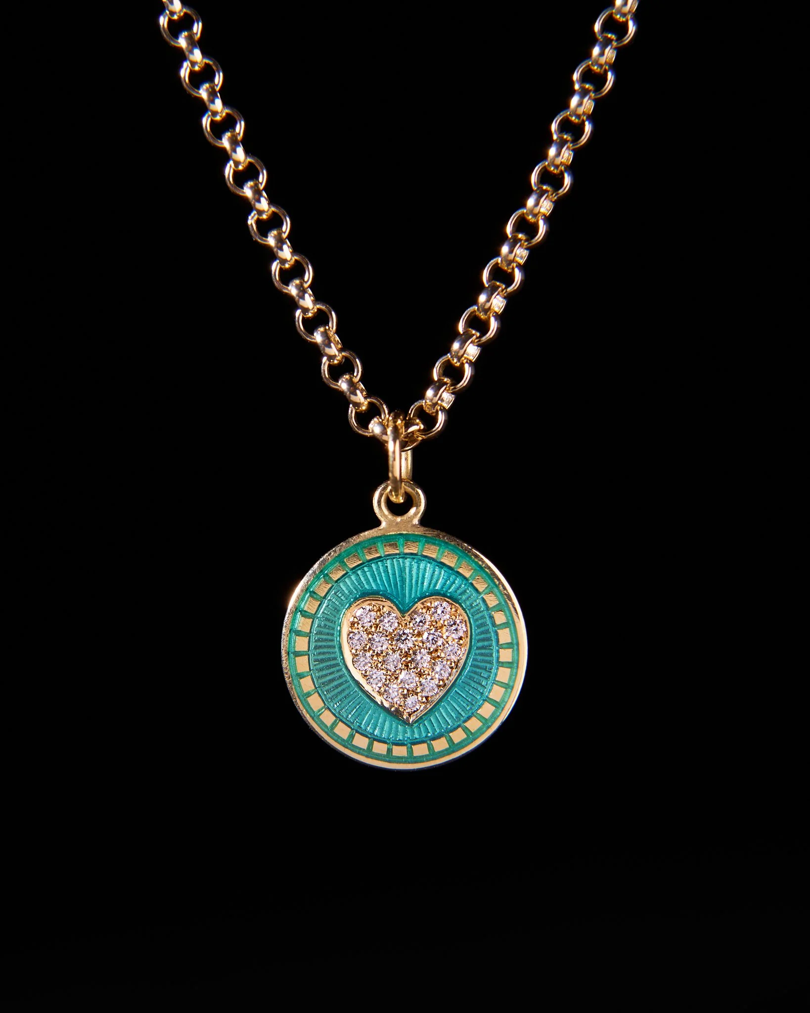 Sunburst heart enamel pendant with diamonds