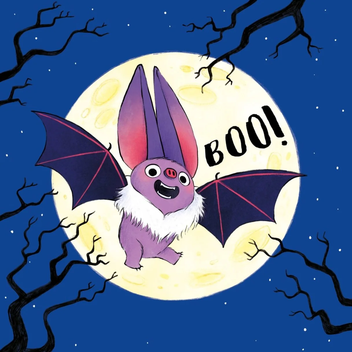 A cartoon bat with purple fur, large pink inner ears, and a pig nose, flying in front of a full moon with the words 'BOO!' written on it. The background is a night sky with stars and black tree branches.