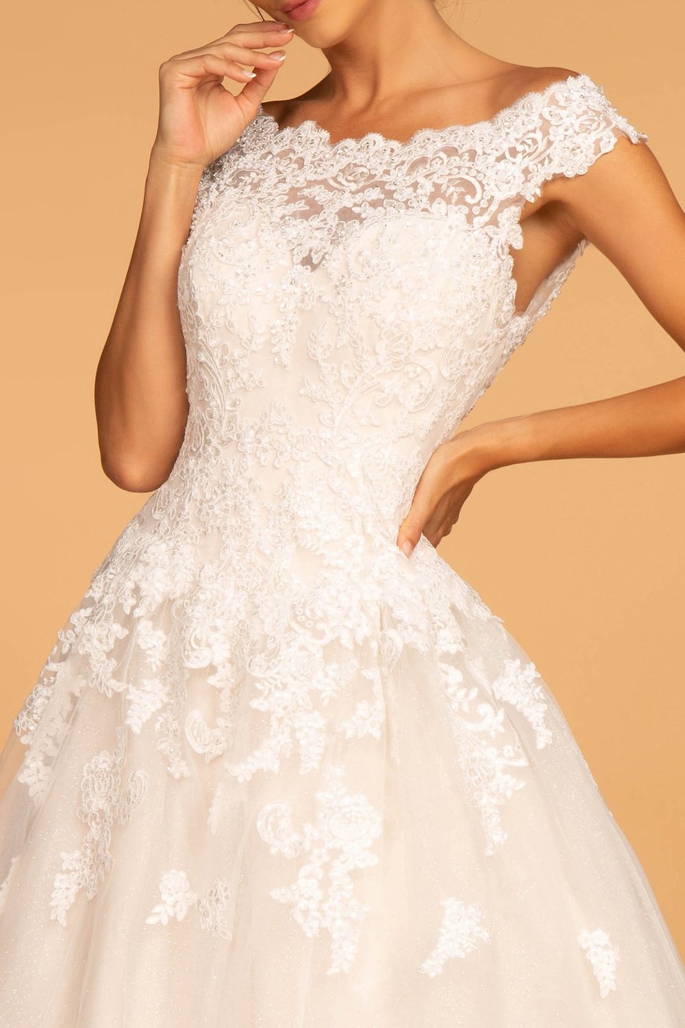embroidered back wedding dress Open-Back Long White Lace Wedding Dress with Train White/Nude / 6 main image 0