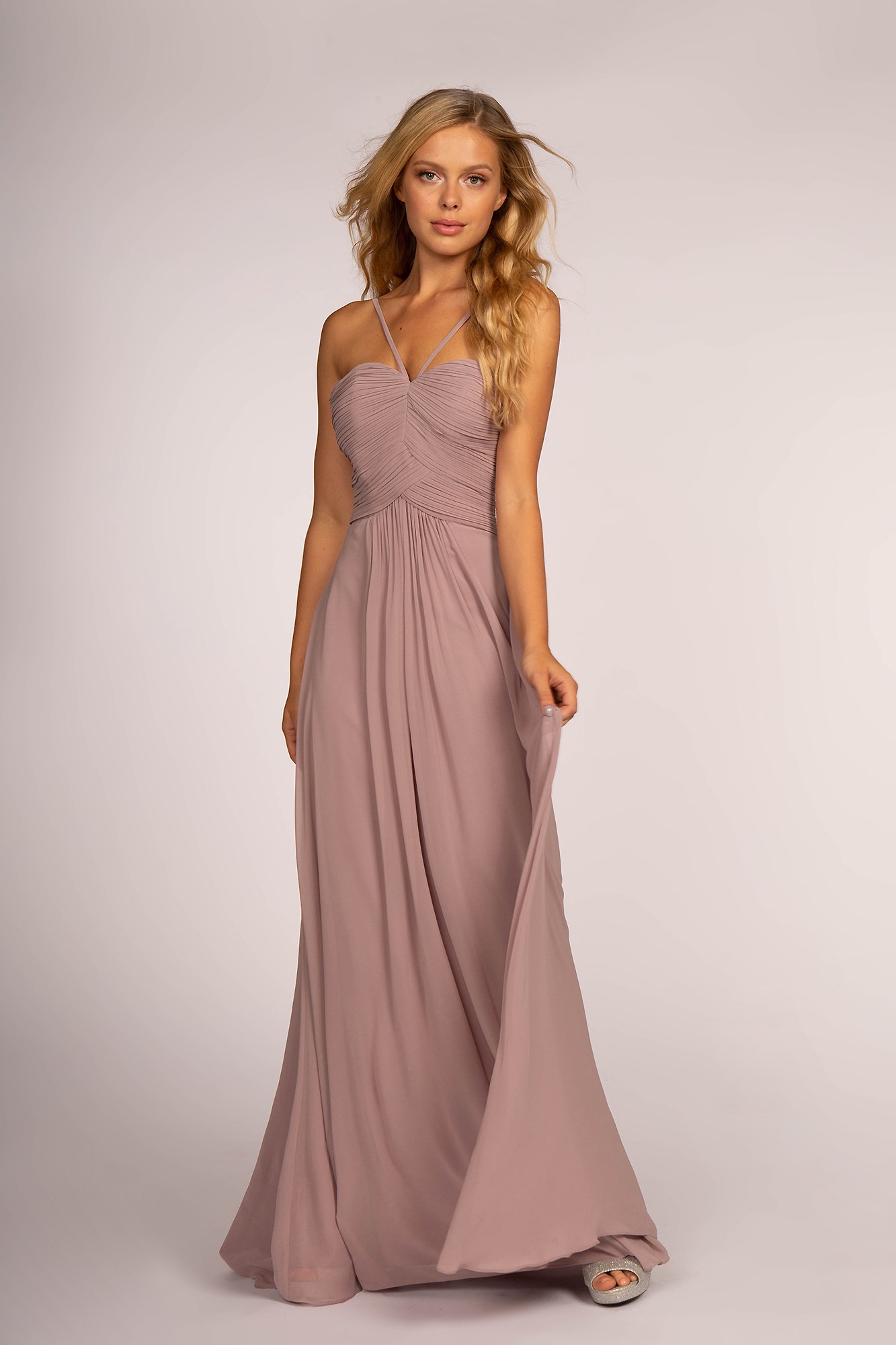 GL2607 Chiffon Ruched-Bodice Long Dress — Dress Haute