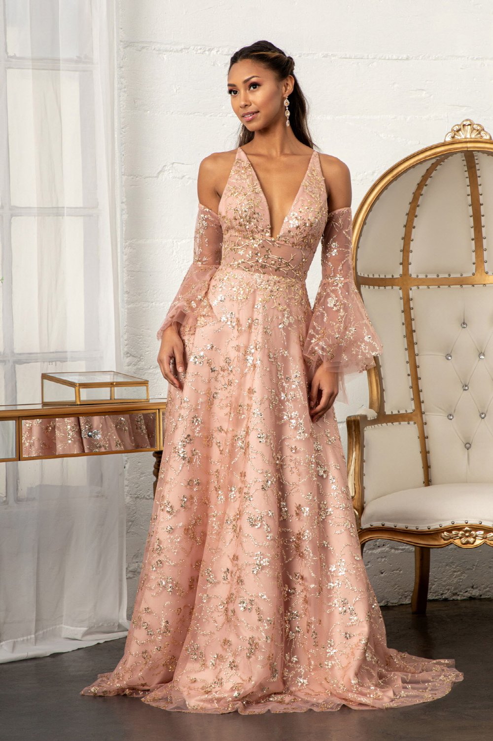 GL3002 GLS by Gloria Sheer Waistline Glitter Mesh Prom Dress w/ Detachable Mesh Sleeve — Dress Haute