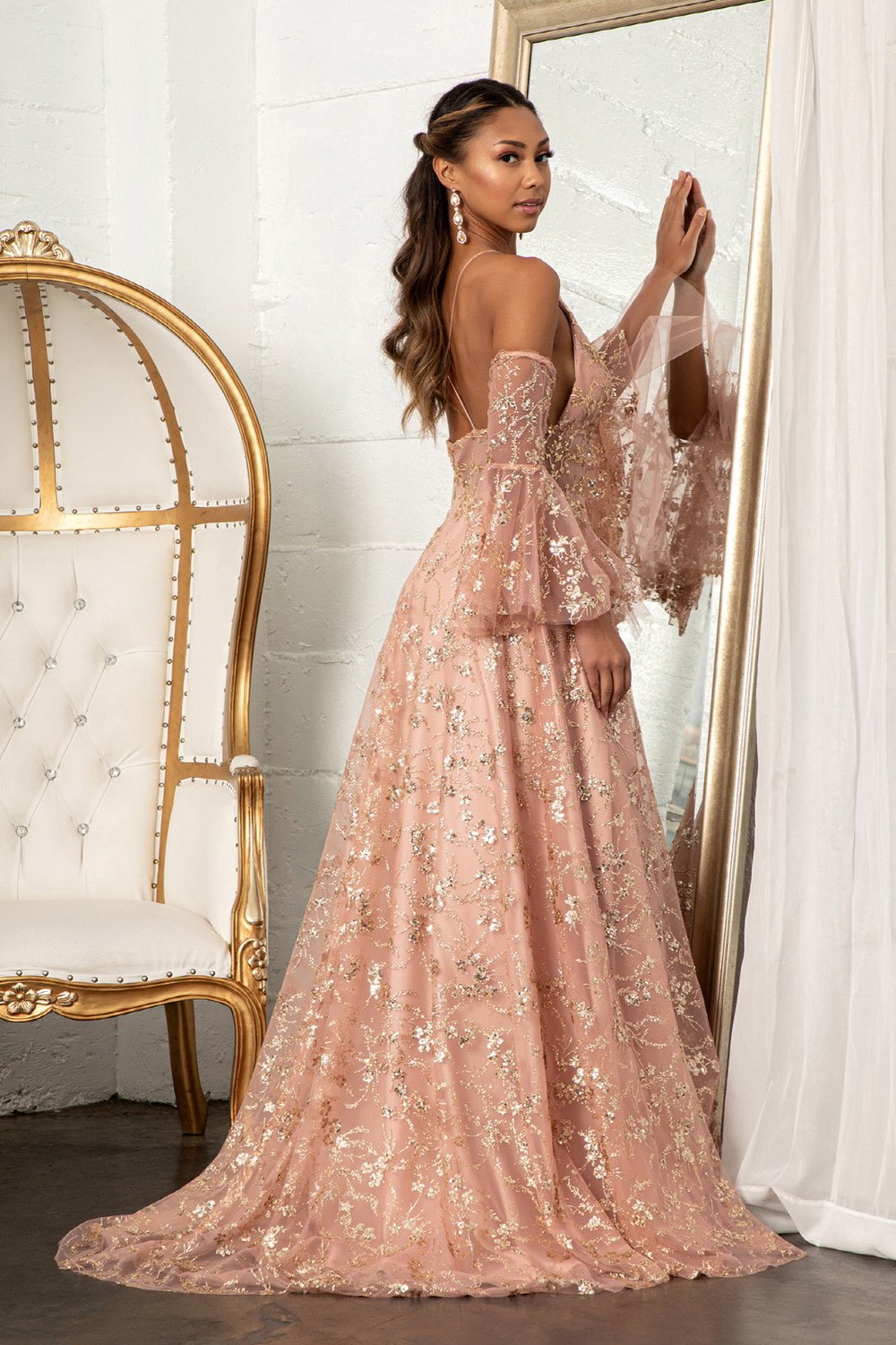 Rose Gold Sheer Sleeves V-Neckline Prom Dress Rose Gold Sheer Sleeves V-Neckline Prom Dress