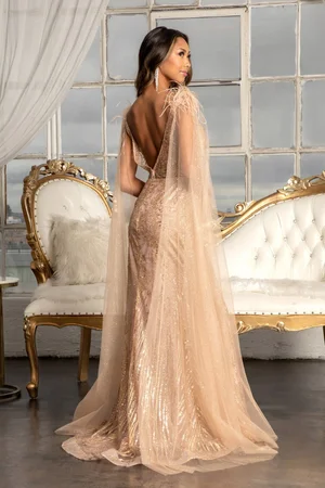 GL3047 GLS by Gloria Feather-Shoulder Embellished Glitter Mermaid Dress w/  Mesh Layer Drape  Dress Haute Couture House