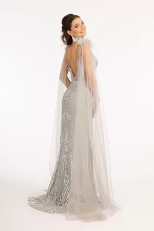 GL3047 GLS by Gloria Feather-Shoulder Embellished Glitter Mermaid Dress w/  Mesh Layer Drape  Dress Haute Couture House