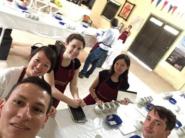 The cupping team, CCS Acevedo Cup 2016. Clockwise from top: Ria - Four Letter Word, Dillon - Parlor Coffee, Eduardo - Fairfield Trading, Melanie - CCS, Tali - Barismo.