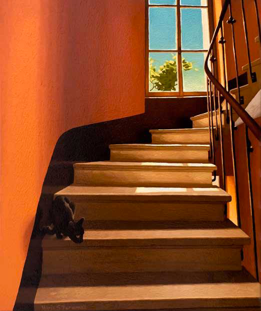 Escalier jaune avec chaton