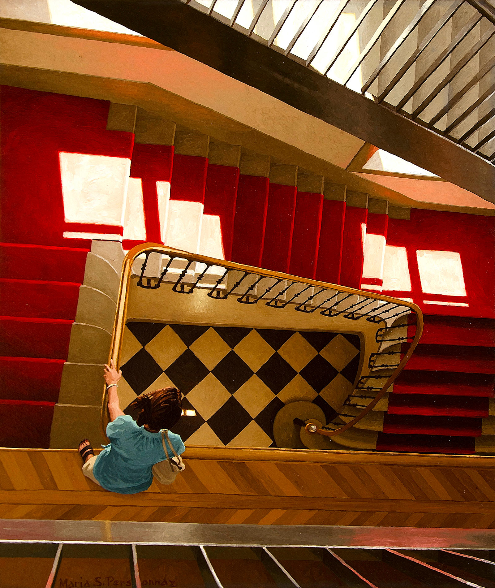 Escalier avec tapis rouge ensoleillé