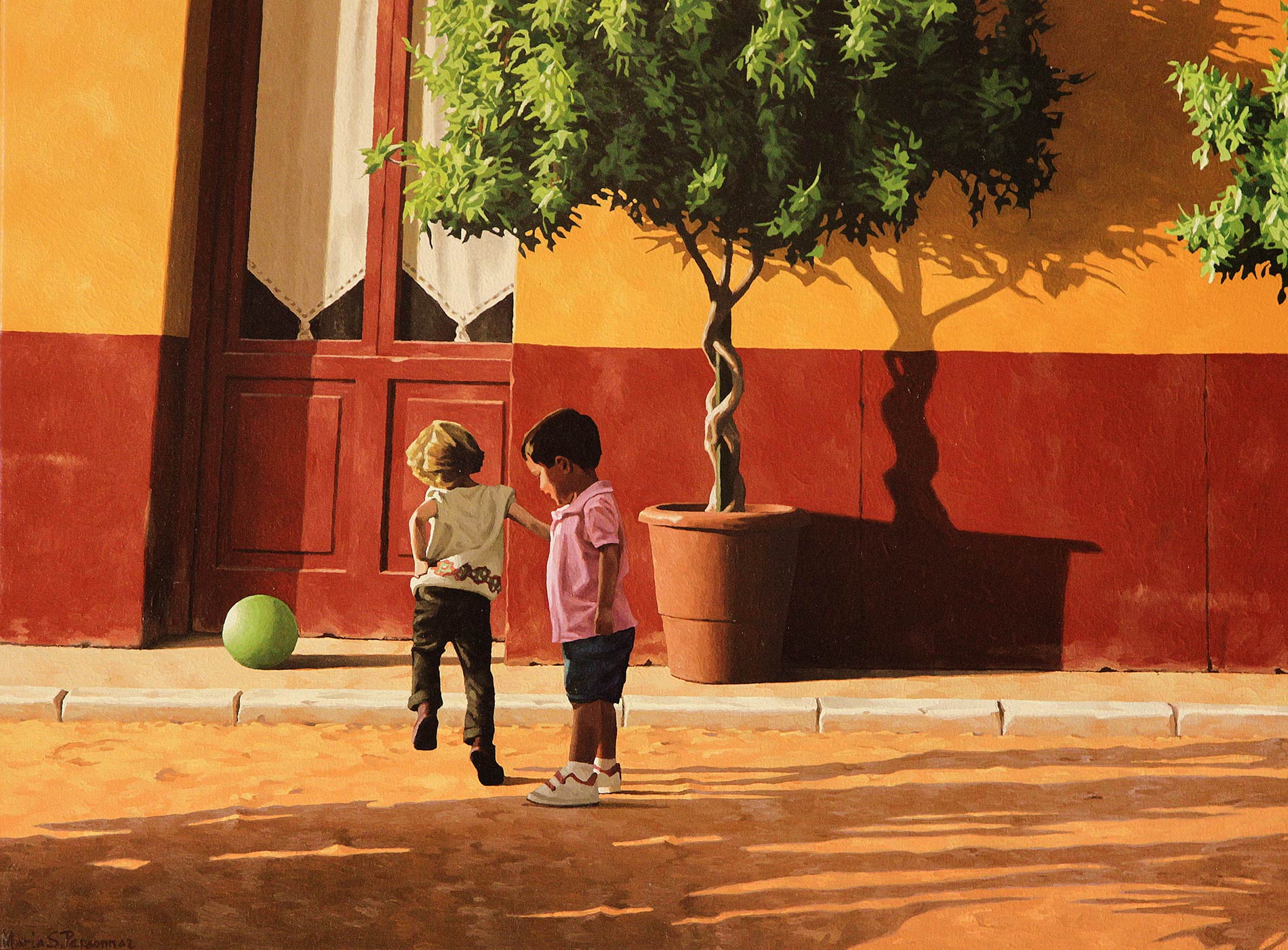 Deux enfants et ballon vert