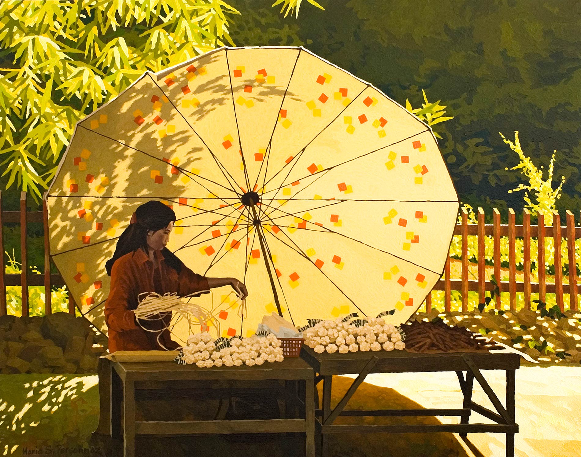 Marchande et son parasol à motifs, Vientiane