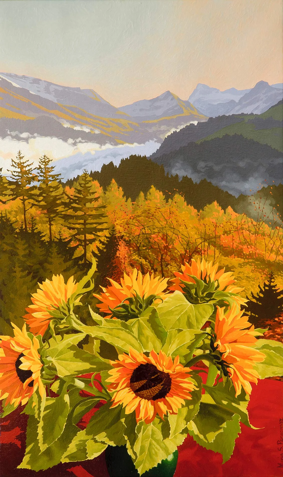 Tournesols et une vallée le matin