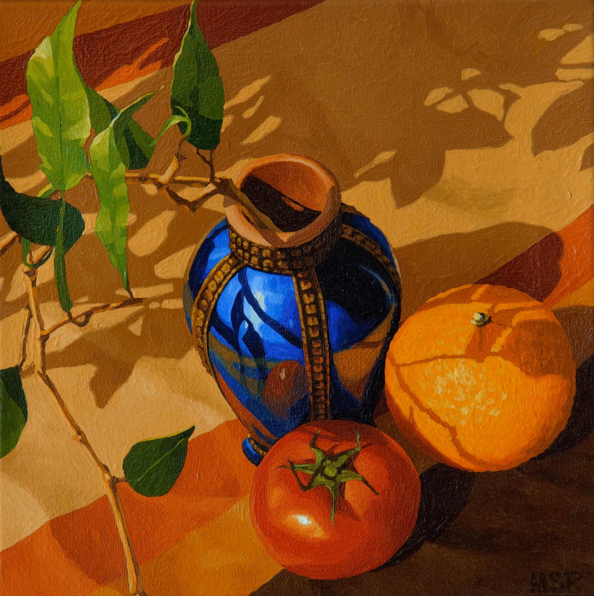 Le vase bleu du Maroc et des fruits