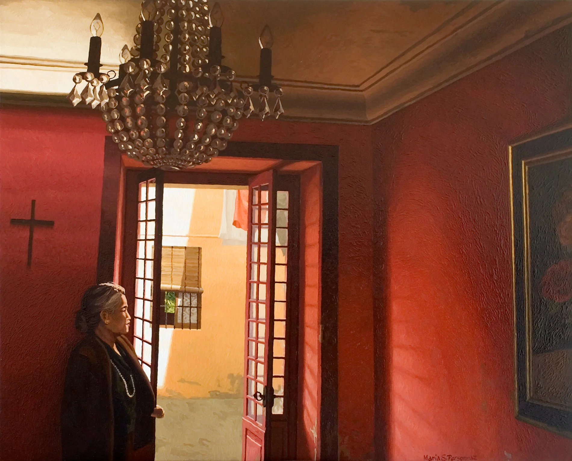 Red interior with chandelier