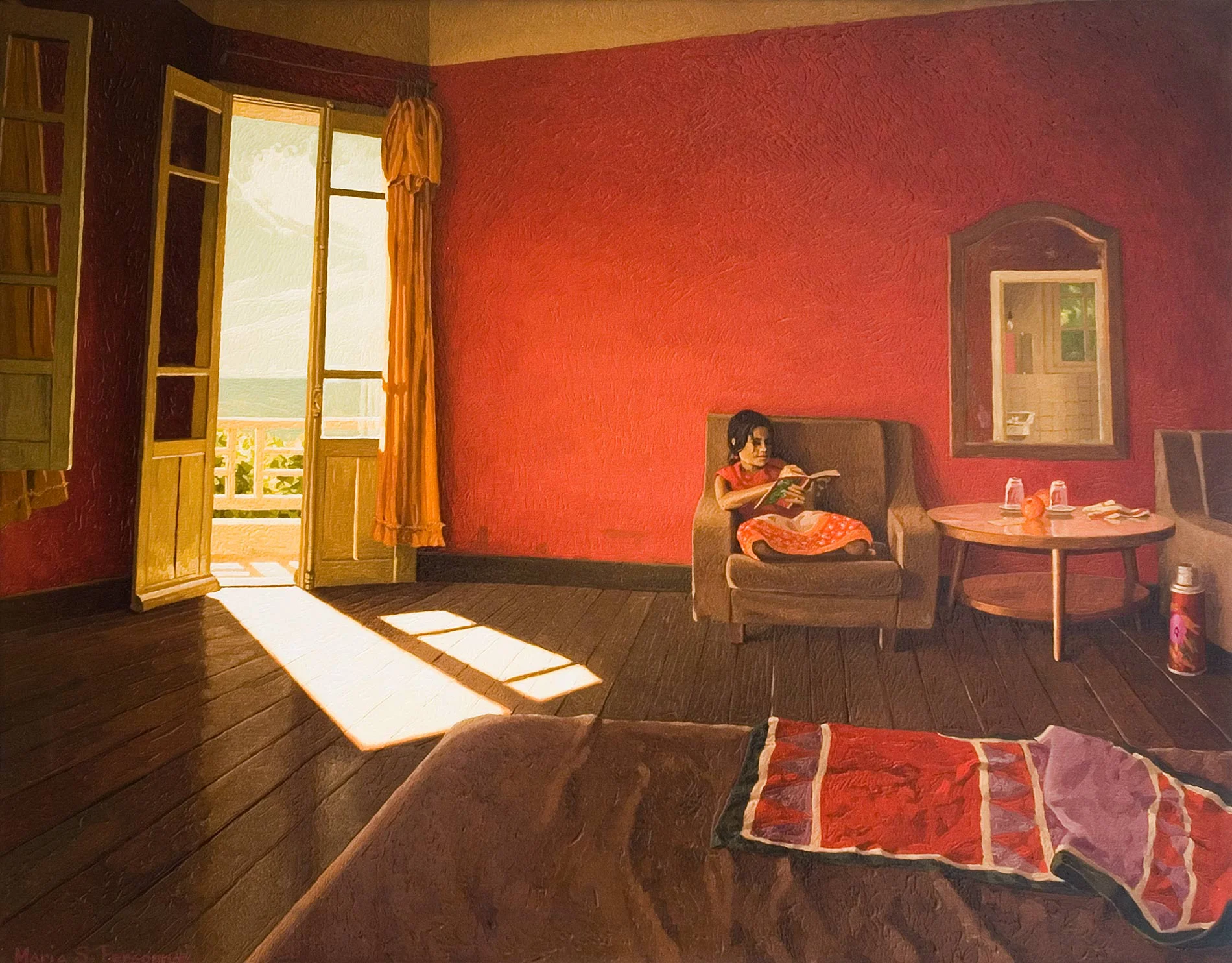 Hotel room with red walls