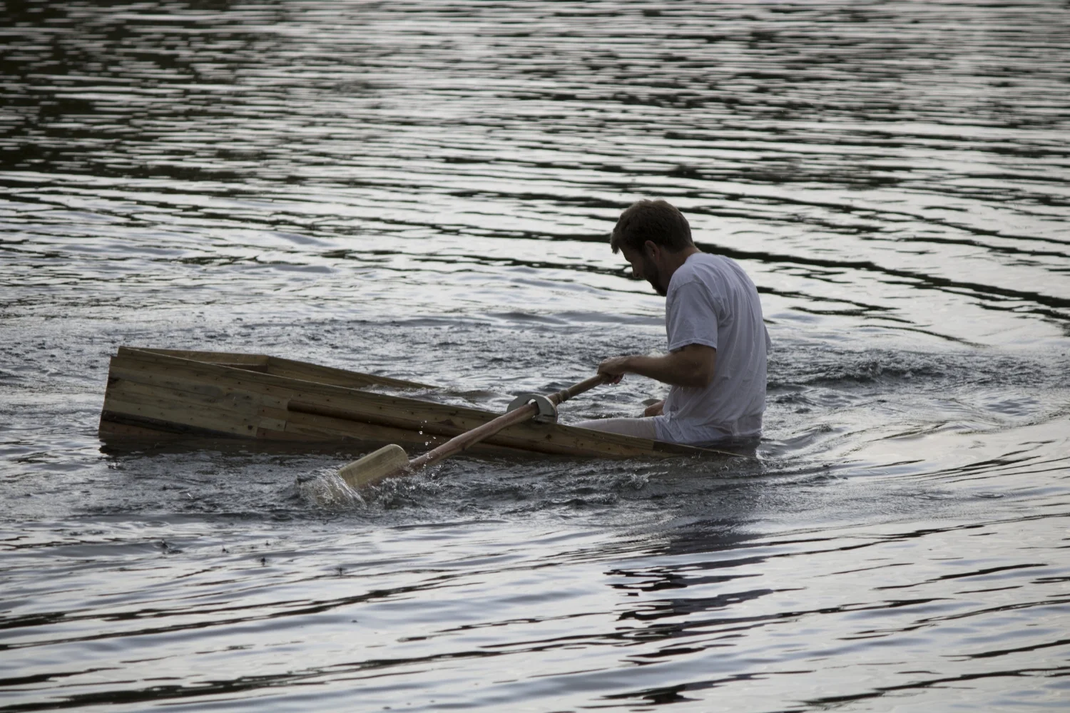 Splitting Water with Wood employs conceptions of faith as a crucial lens to understand my current body of work; a handcrafted boat as an exploratory apparatus, the labor surrounding it as an act of devotion, and a resulting performance that experiments with ideas about baptism. By challenging presupposed notions of how a boat traditionally functions, I rely on the lively materiality of the object and its environment to capture and extract previously unforeseen possibilities. It considers the do-it-yourself lineage in my family and how that history of fabricating, constructing, and repairing informs me as an artist. Splitting Water with Wood draws on personal stories of my past and reimagines them as new narratives to explore the many facets of my Midwestern roots and provides insight to myself as a maker. 
