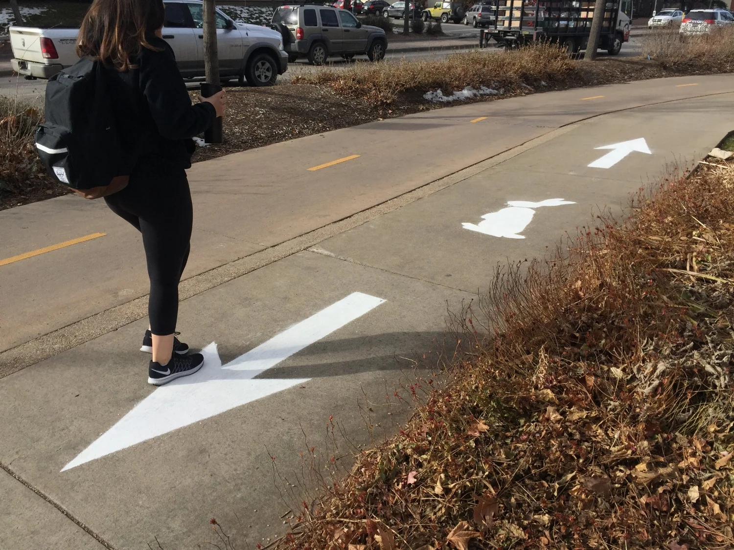   We All Move Forward  was a temporary public intervention that took place on the Boulder campus of the University of Colorado. Along the walking paths, I drew signage in sidewalk chalk acknowledging the three non-human animals that I saw using the p