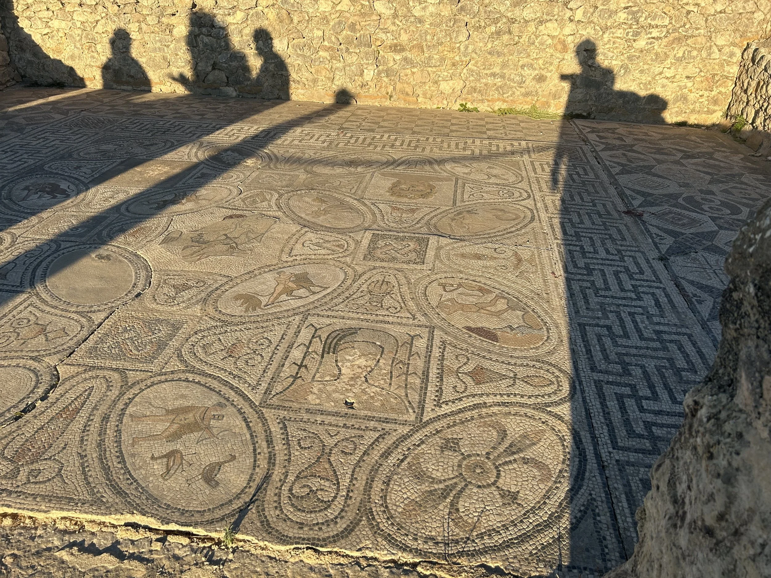 A mosaic pattern decorates the floor of ruins