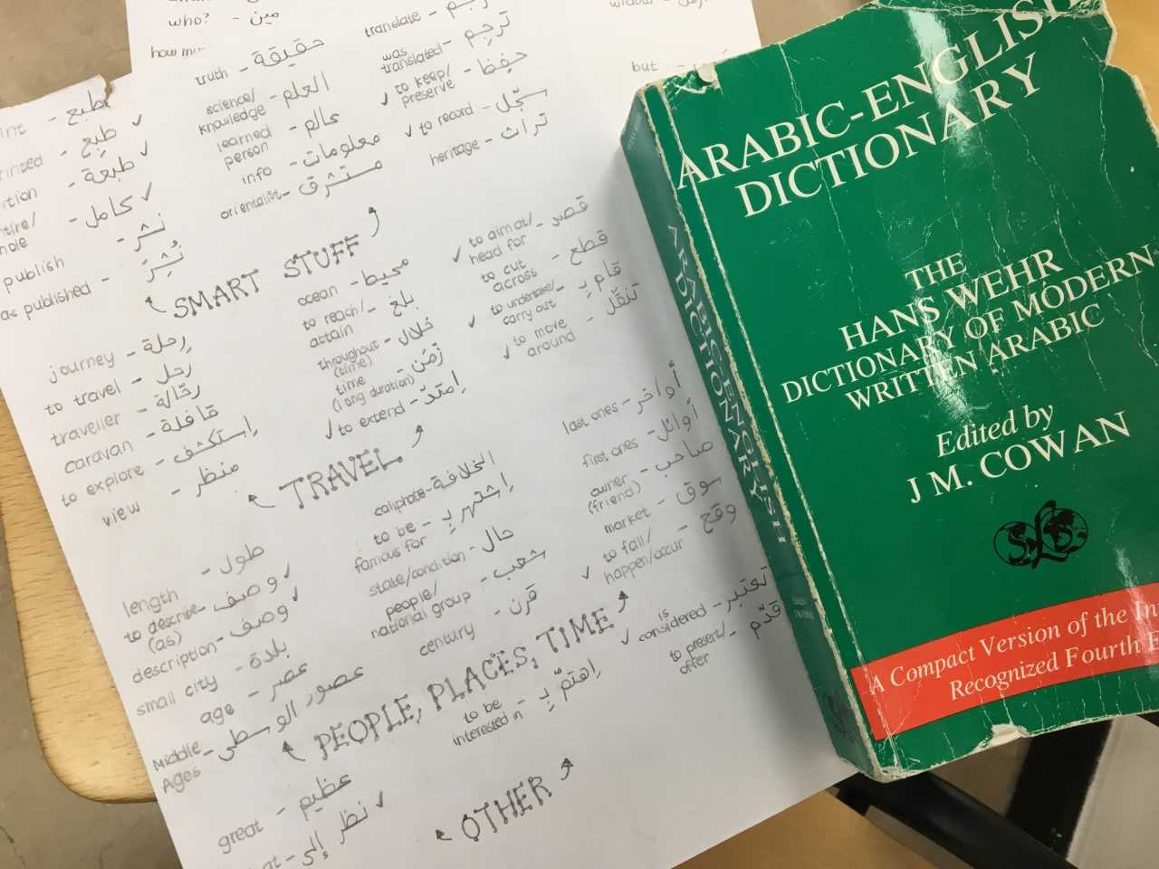  Reviewing vocabulary with the help of Han Wehr. Photo credit: Russ, 2018