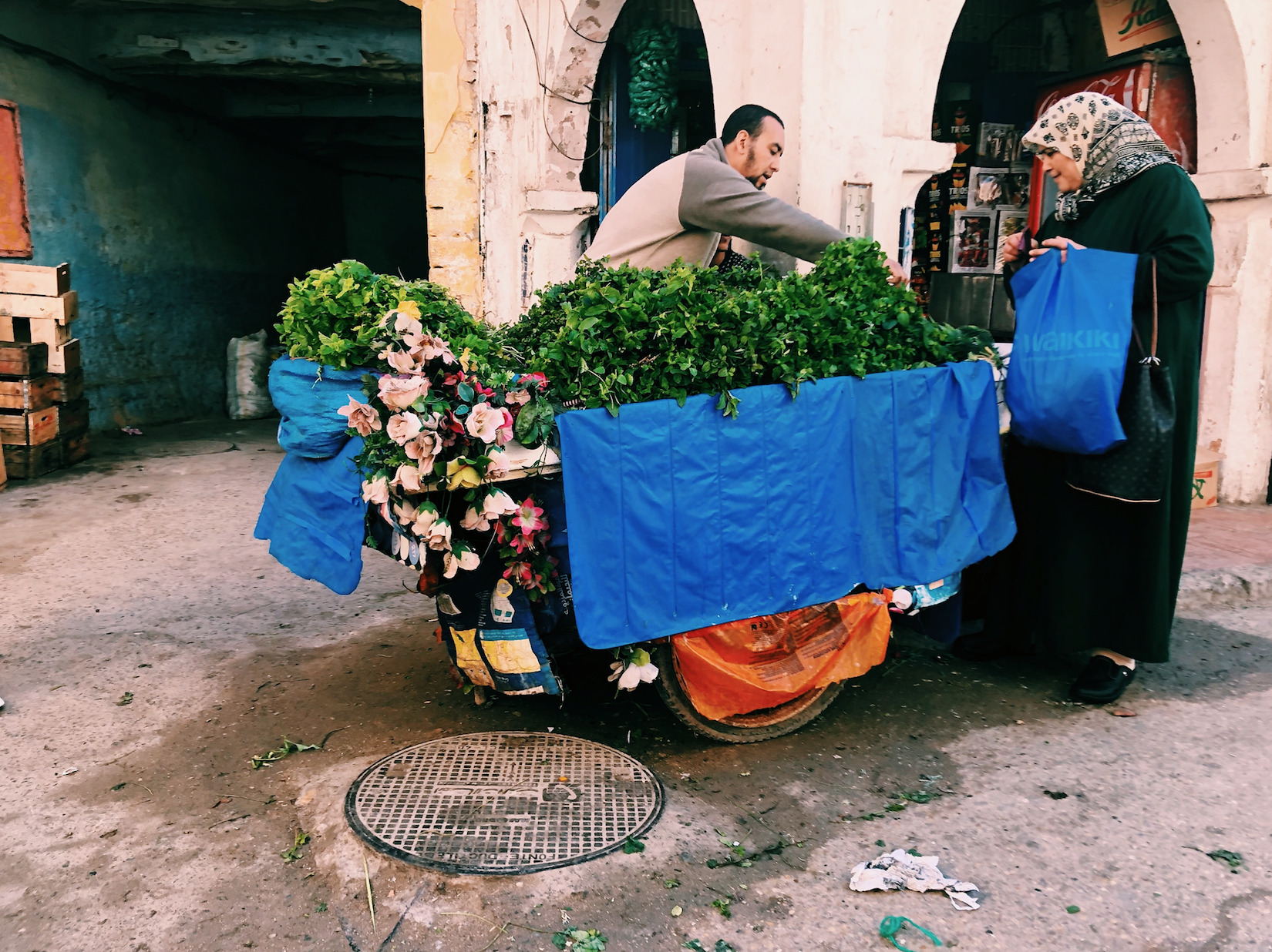 The port city of Essaouira, known as Mogador until the 1960s, is a vibrant, historic town with a traditional medina. When I told my host dad I was planning on visiting, he told me it was a center of hippie culture in Morocco and insisted that the music scene was unmatched throughout the world. It’s several hundred miles south of Rabat down the coast, and took us over eight hours to get to, first via train to Marrakech, and then by bus. My impression once we began exploring the medina the next day was that my host dad was so right. I marveled at the town’s reflection of the legacies of Jimi Hendrix and Bob Marley, who seemed to be celebrated dearly. There were music stores and art galleries everywhere, and a considerable amount of people wore their hair in locks. It felt like a completely different Morocco. We ate fresh seafood for dinner under a clear night sky, and the weather reminded me of a breezy early September evening in New York. “Moroccan mint sold in the medina” Photo Credit: J. Miller, Fall 2018