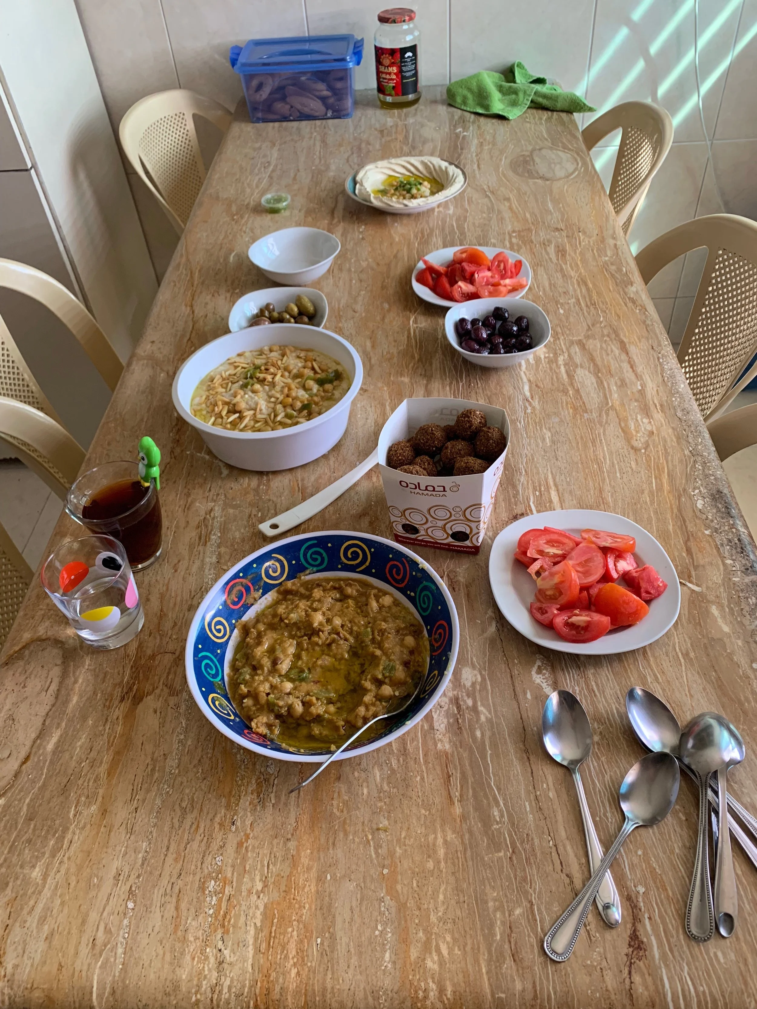 A surprise breakfast from my host family: fool , falafel, and hummus, which is my absolute favorite breakfast. The falafel in America just does not compare. Photo credit: Russo, 2019