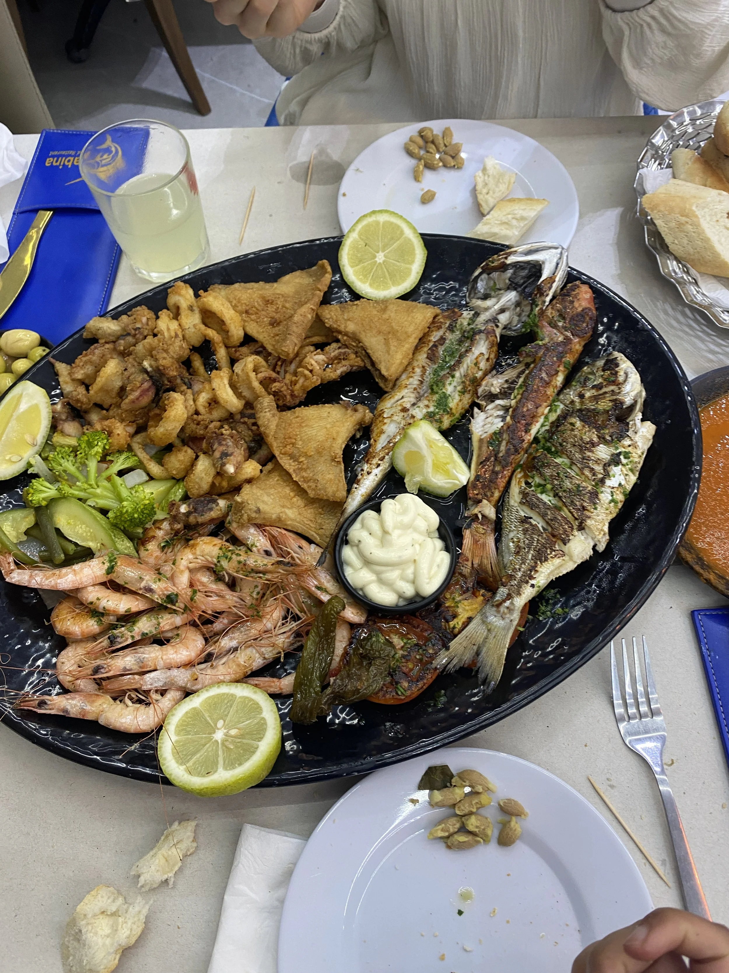 Overview shot of a plate of seafood