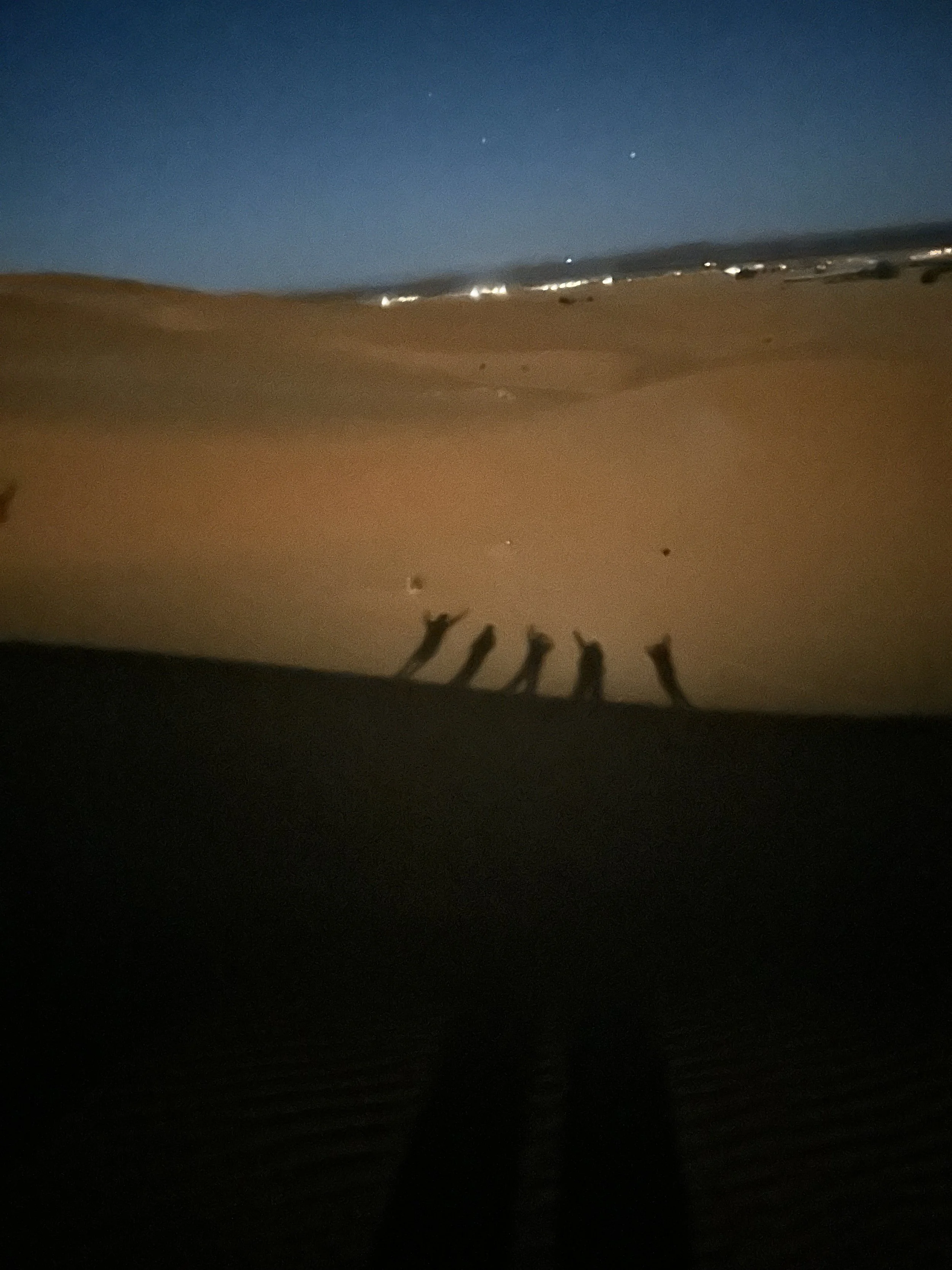 Shadows of five people standing on top of a sand dune in the dark.