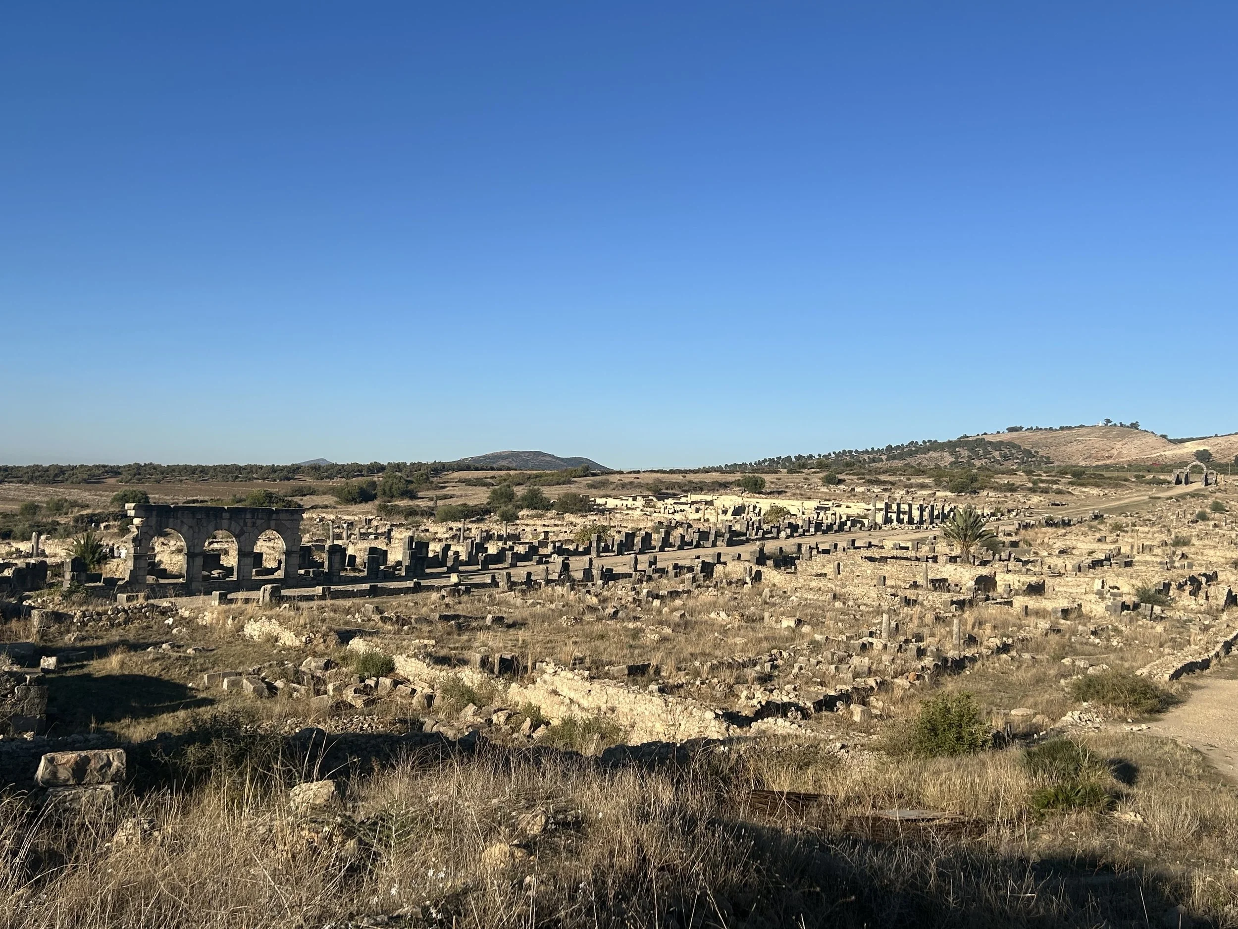 An expansive field dotted with ruins including what looks like a road cutting parallel to the frame.