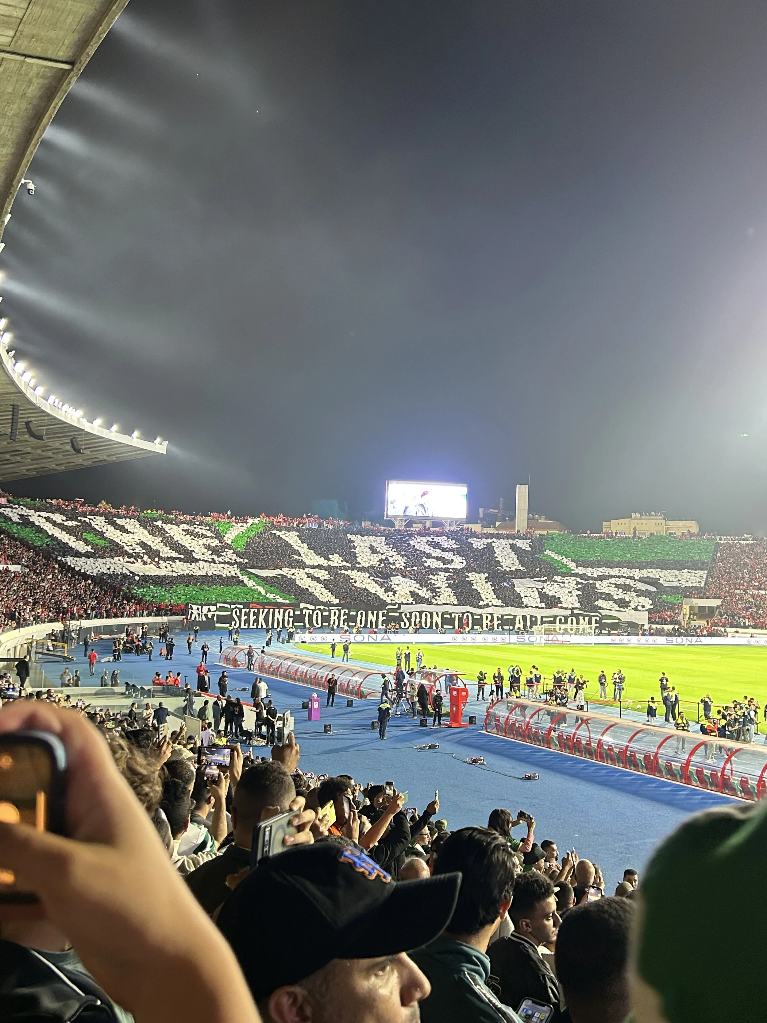 Inside a football stadium, one side has a large display saying "The Last Twins" that covers the people in the section