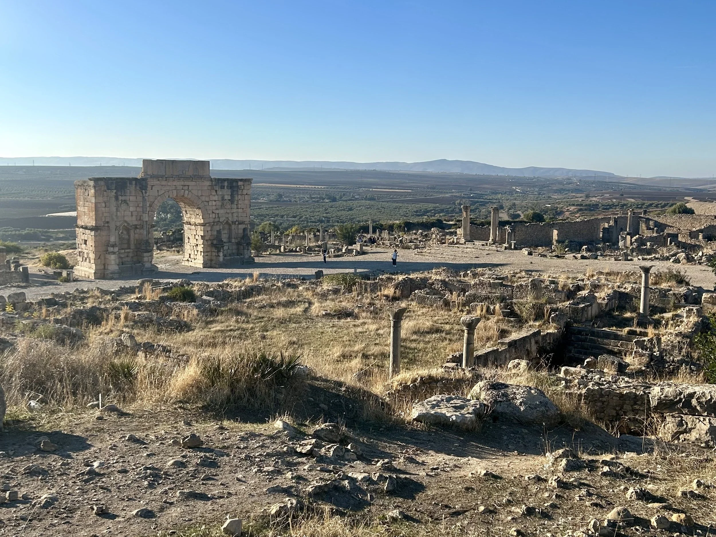 Ruins of an ancient Roman city in Morocco stand in a relatively open plain with mountains rising in the distance