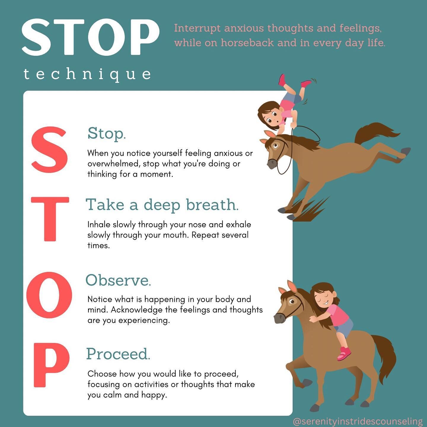 This is one of my favorite DBT skills to utilize with clients, both in the therapy office and when riding horses. Just this week when working with a client on horseback the horse started to pick up on the persons emotions and get stressed, so we (S) 