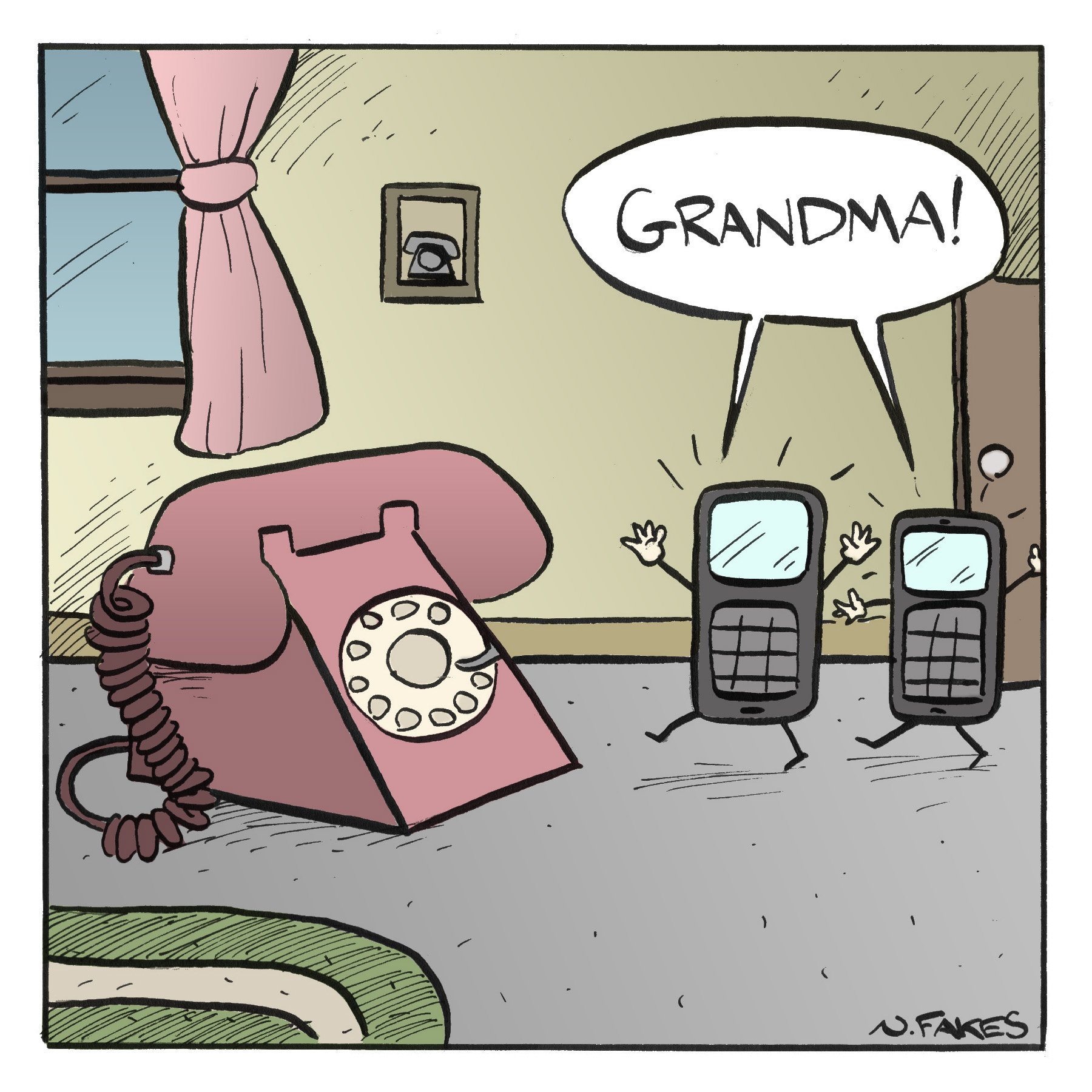 A rotary phone sits in the middle of a living room floor while two nokia cellphones fun into a room with their hands held high while shouting Grandma